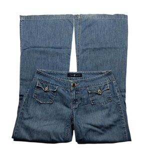 Forme Jeans Womens Flare Leg Size 9 Medium Wash Denim Front Pockets Worn Hems